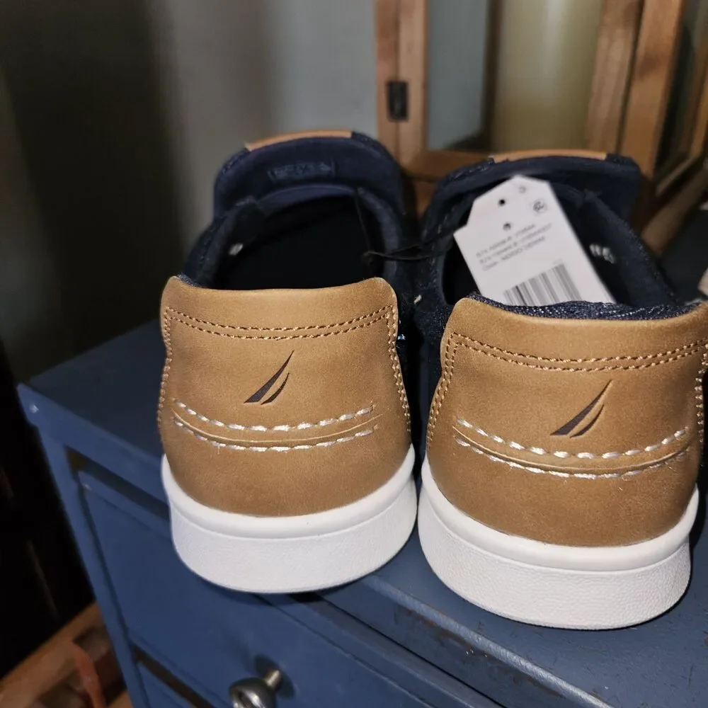 New Nautica Men's Indigo Denim Derwin Stitch Boat Shoe | Brown Accnt US 8 Medium